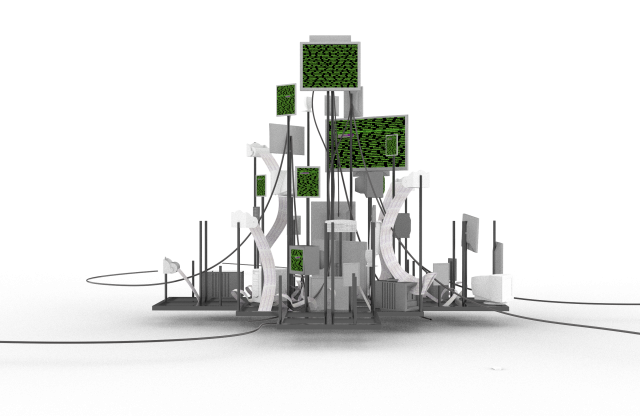 Preliminary render of "loam", a sculpture made out of different kinds of screens and machines.