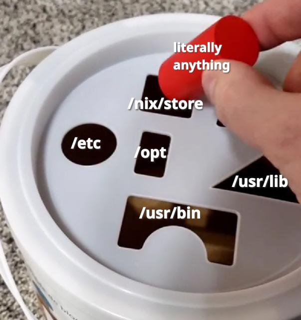 Picture of a children's toy bucket with multiple different shaped holes cut in the top (square, circle, triangle, rectangle, arch). They are labelled /etc, /opt, /usr/lib, /usr/bin. The square is labelled /nix/store. A hand can be seen putting a cylinder labelled "literally anything" in the square hole