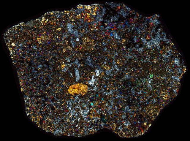 Northwest Africa (NWA) 2824 Meteorite Thin Section - XPL HDR Pathscan Enabler.

Solar Anamnesis, CC BY-NC-SA 2.0 via Flickr: https://flic.kr/p/2ivJq2s