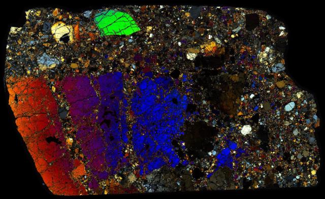 Estherville Meteorite Thin Section - XPL HDR Pathscan Enabler.

Solar Anamnesis, CC BY-NC-SA 2.0 via Flickr: https://flic.kr/p/2ihQir4