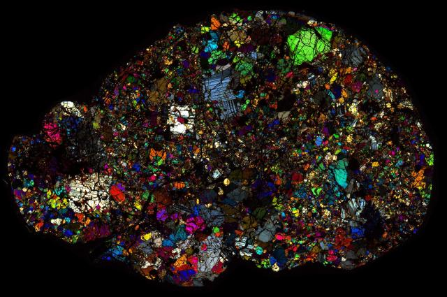 Northwest Africa (NWA) 4662 Meteorite Thin Section - XPL HDR Pathscan Enabler.

Solar Anamnesis, CC BY-NC-SA 2.0 via Flickr: https://flic.kr/p/2hXQtJb