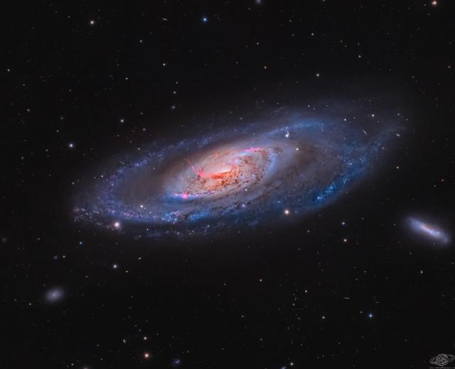 A spiral galaxy with blue spiral arms and a bright center is shown. The galaxy is surrounded by foreground stars and two smaller galaxies. In the galaxy's center are dark brown dust and red emission filaments.