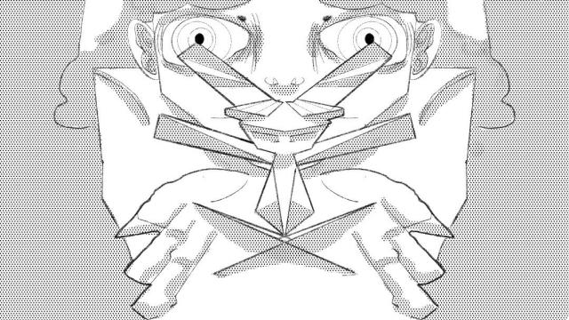 Close-up of a person holding a polygonal figurine, eyes wide open. It has rectangular wings and antennae, as well as a triangular body. The general shape is vaguely similar to that of a mechanical dragonfly.