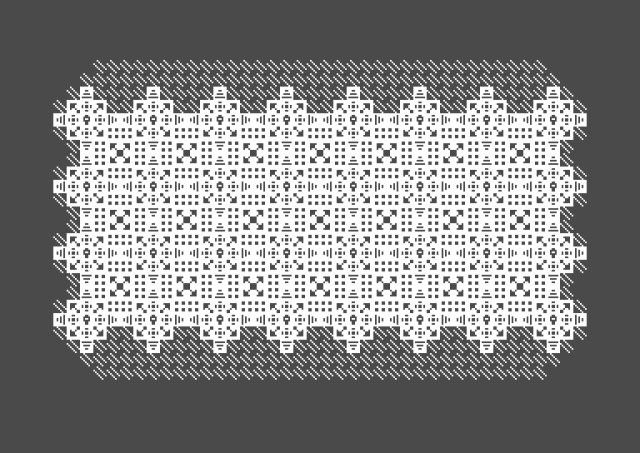 Custom PETSCII symbols cobbled together inside a rectangular shape. The resulting pattern looks like some sort of pixelated and esoteric tapestry.