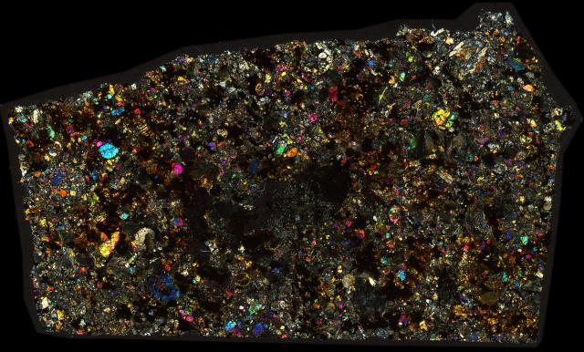 Limerick Meteorite Thin Section - XPL HDR Pathscan Enabler.

Solar Anamnesis, CC BY-NC-SA 2.0 via Flickr: https://flic.kr/p/2i1Q3na