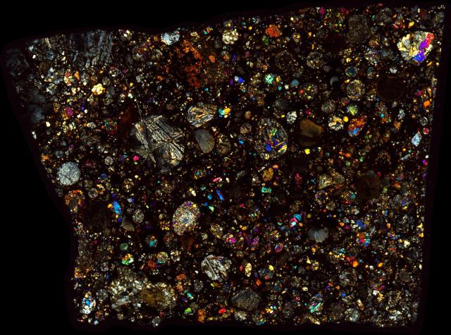 Northwest Africa (NWA) 10296 Meteorite Thin Section - XPL HDR Pathscan Enabler.

Solar Anamnesis, CC BY-NC-SA 2.0 via Flickr: https://flic.kr/p/2hrhfDH