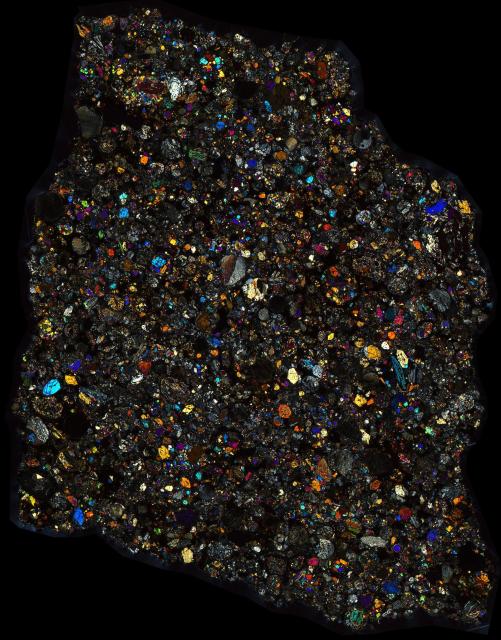 Saratov Meteorite Thin Section - XPL HDR Pathscan Enabler.

Solar Anamnesis, CC BY-NC-SA 2.0 via Flickr: https://flic.kr/p/2hGB8ar