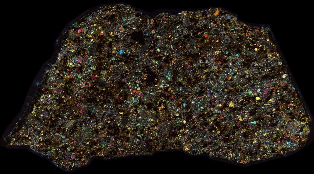 Zag Meteorite Thin Section - XPL HDR Pathscan Enabler.

Solar Anamnesis, CC BY-NC-SA 2.0 via Flickr: https://flic.kr/p/2i1p8HL