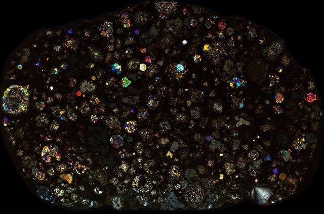 Northwest Africa (NWA) 3118 Meteorite Thin Section - XPL HDR Pathscan Enabler.

Solar Anamnesis, CC BY-NC-SA 2.0 via Flickr: https://flic.kr/p/2i8EoQy