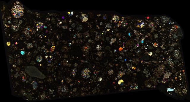 Northwest Africa (NWA) 2224 Meteorite Thin Section - XPL HDR Pathscan Enabler.

Solar Anamnesis, CC BY-NC-SA 2.0 via Flickr: https://flic.kr/p/2hky6CR