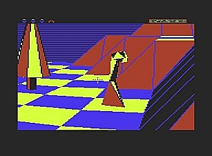 A Meanie from the C64 version of the videogame The Sentinel. A blue and yellow check floor with red hills. On it stands a tree, and a meanie, which looks a little bit like a low polygon cobra.