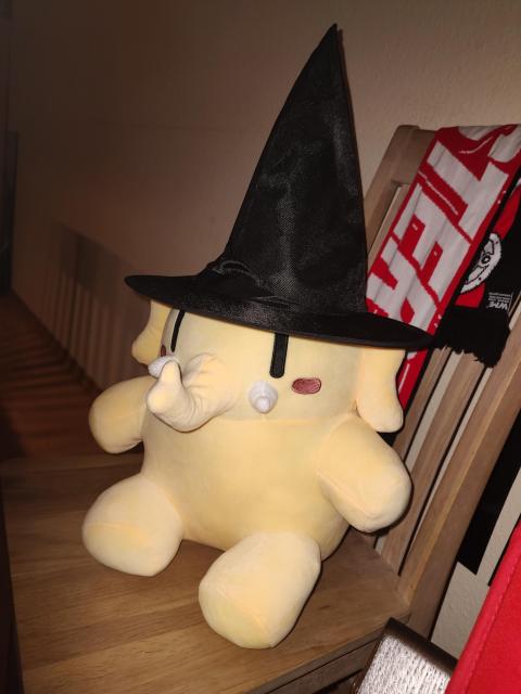 Mastodon plushie with a witch hat.