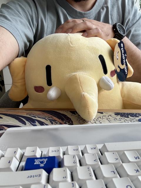 A person’s partially visible arm rests on a large, yellow plush elephant toy with embroidered facial features. In the foreground, a computer keyboard is shown, along with a decorative surface underneath. A tag on the plush toy features a playful design and the hashtag