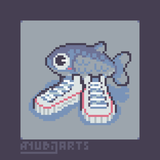 A Pixel Art Redraw of a fish, wearing some big shoes while staring at the left side of the canvas, with a tiny blush. Pretty cool, huh?