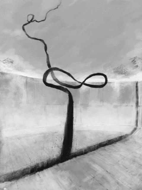 a reimagining of Devine Lu Linvega's Paradichlorisse: a black ribbon emerges from a crevice in an arena-like facility as fog and snow pour in from the surroundings