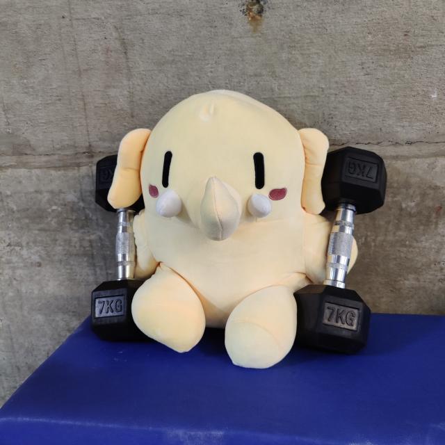 Mr T the mastodon plushie working out with 2 dumbells 