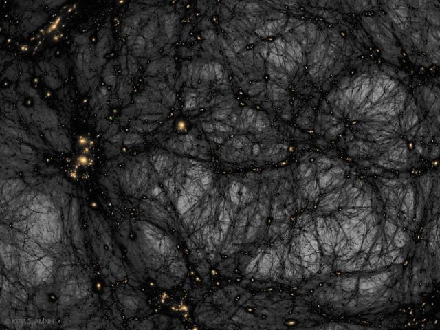 A complicated web of dark filaments is seen against a light background. When many filmaments intersect, an orange spot is seen.