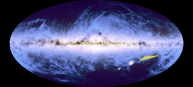 The huge mosaic released by ESA’s Euclid space telescope on 15 October 2024 accounts for 1% of the wide survey that Euclid will capture over six years. The location and actual size of the mosaic on the Southern Sky is shown in yellow.