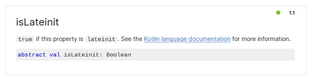 Kotlin documentation describing a property named "isLateInit"