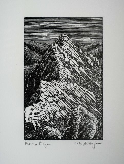 Print in black ink of a wood engraving (100x65mm) of a rocky mountain ridge rising to a rocky summit.