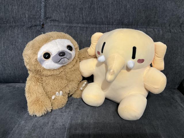 Photo of a plush sloth with the plush Mastodon creature. They look happy together.