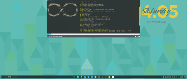 Screenshot of my OpenSUSE Tumbleweed Desktop w/ Plasma 6.2, Klassy Theme, Qogir Icons and an open Yakuake Terminal running fastfetch.