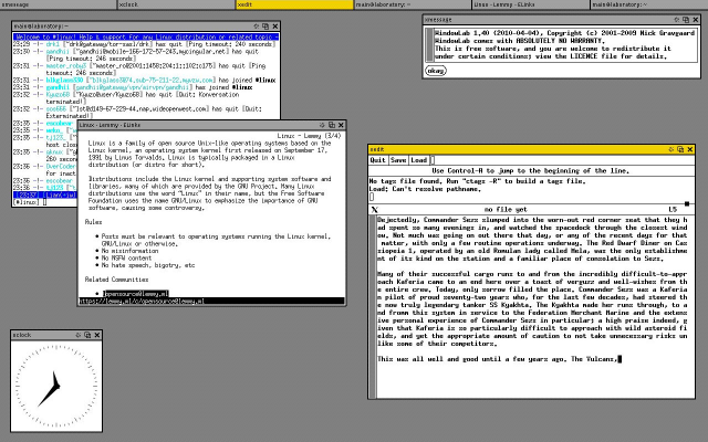 Screenshot of a WindowLab desktop, with XEdit, Elinks and Irssi open alongside an XClock and XMessage.