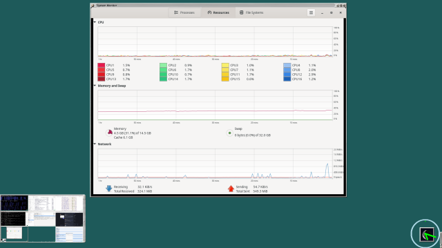 Screenshot of enlightenment window manager. One desk area shown, highlighting Gnome System Monitor, oclock, and wmmoonclock running. In the lower left is a mini-pager showing nine desk areas in miniature.