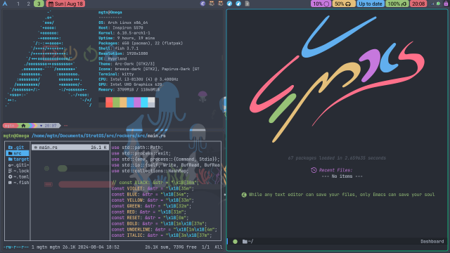 Screenshot of Neofetch, Ranger and GNU Emacs (dashboard.el)