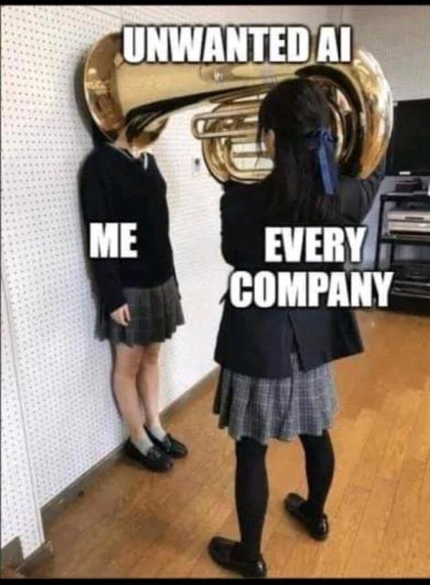 The meme with one student againstba wall with their head in a tuba, labeled "me."  Across from them is another, labeled "every company."  The tuba is labeled "AI."