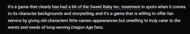 Writer mentions the game had the "Sweet Baby Inc" treatment. Alluding to DEI nonsense that far-right rage bait grifters on Twitter and YouTube keep pushing