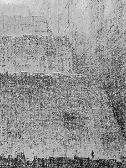 Alternative approach to SUBTERRANEANS. Black and white charcoal on charcoal paper, 6" x 4". A straight-on view of the stepped wall with a solitary figure standing lower right.
