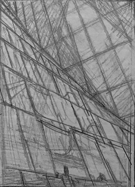 Sketch for SUBTERRANEANS. Graphite pencil on notebook paper, 2¼" x 2". Sketch of massive stepped wall working out the perspective
