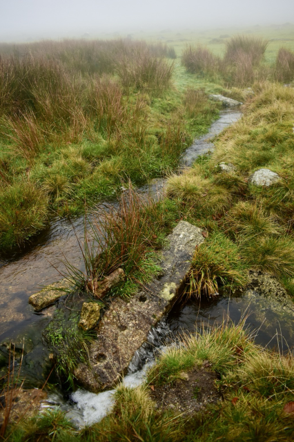 A slab crosses a leat - man made stream in foggy Moreland.