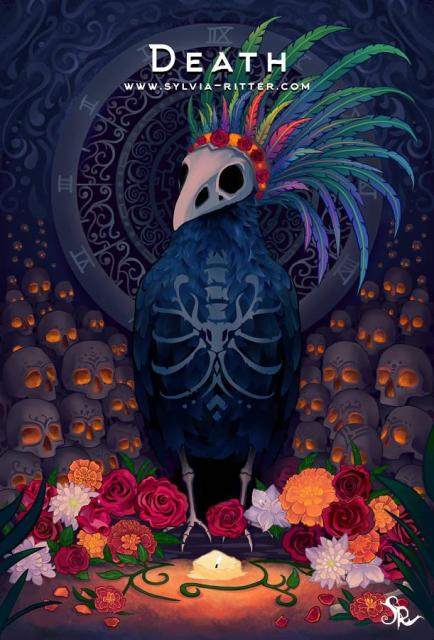 This is the death card from my tarot deck in progress. It stands for change, transformation, and letting go.  I've chosen a crow to represent this meaning. Dias de Los Muertos is celebrated with flowers for their loved ones. The crow wears a flower crown with colorful feathers. It wears a bird scull too and has a bone structure painted on its feathers. It is surrounded by many flowers (white, orange, and red) and sculls with glowing eyes. Time symbols can be found. In the background, an intricate old clock, in the front, a burned-down candle. Time is precious, make the most of it <3. https://www.deviantart.com/sylviaritter/art/Death-709557938