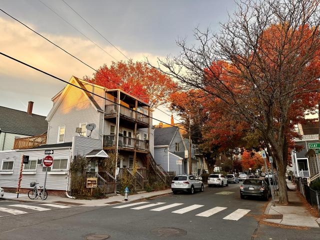 A late Autumn afternoon in Cambridge, MA. An intersection in quiet residential neighborhood with golden rays of a low-hanging sun and fiery red and orange leaves on the trees