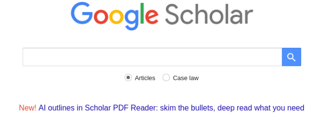 Screenshot of Google Scholar website showing the following line: "New! AI outlines in Scholar PDF Reader: skim the bullets, deep read what you need"