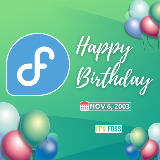 There is the Fedora logo, with Happy Birthday Nov 6,2003 written besides it, the image has a mixed green backdrop, and has baloons in some places.