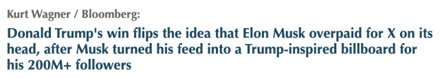 Techmeme headline: "Donald Trump's win flips the idea that Elon Musk overpaid for X on its head, after Musk turned his feed into a Trump-inspired billboard for his 200M+ followers"