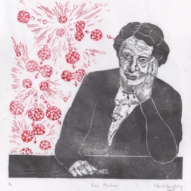 My linocut print of Lise Meitner holding her glasses in one hand, while leaning on the other, in silver ink. In red ink is a nuclear fission chain reaction shown with a single neutron (white ball with motion lines) emanating from her head towards a nucleus (conglomerate of red proton and white neutron balls) then an arrow to it fissioning (becoming split into two adjacent then two separate halves with extra free neutrons). These neutrons in turn all begin the same process with other nuclei and the chain reaction takes up the left side of the print next to Meitner.