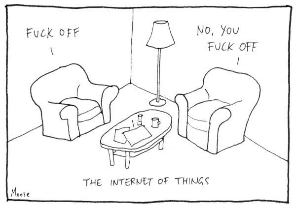 A cartoon depicts two armchairs facing each other with a coffee table in between. A lamp stands beside one chair. The chair on the left says "Fuck off" and the other chair replies "No, you fuck off."