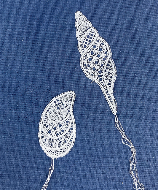 Two piece of bobbin lace that look like seashells on a blue background