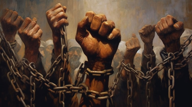 Colour painting. Only fists (7) in the air, with heavy chains around the wrist.