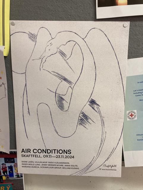 A photo of the poster for air conditions exhibition. The poster is white with a drawing of a bird. 