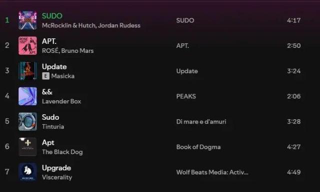 A screenshot of Spotify that shows songs by various artists named SUDO, APT., Update, &&, Sudo, Apt, and Upgrade.