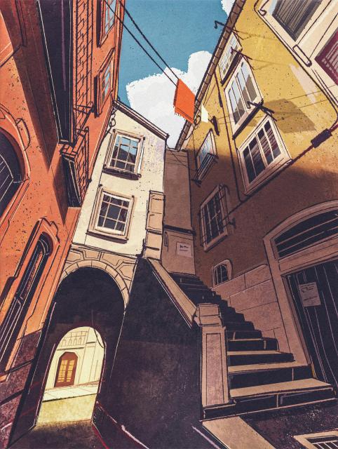 Illustration of an alleyway in Lisbon with colorful buildings surrounding the narrow passage through.