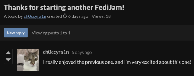 A screenshot from the jam's discussion forum, showing a post by user "ch0ccyra1n". It's titled "Thanks for starting another FediJam!" with the post saying: "I really enjoyed the previous one, and I'm very excited about this one!"