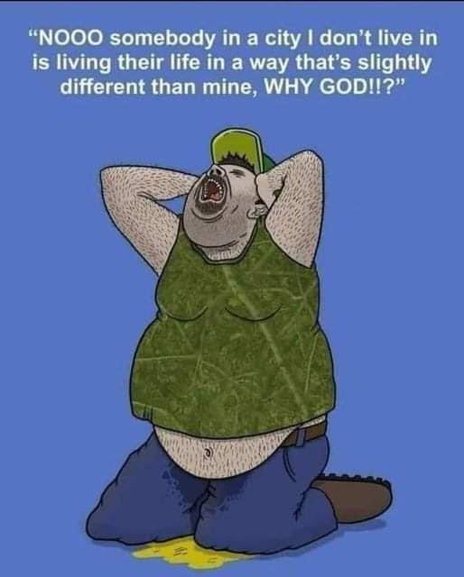 A cartoon of a man crying who has peed his pants. The text in the image reads: "Nooo, somebody in a city I don't live in is living their life in a way that's slightly different than mine. Why god!"