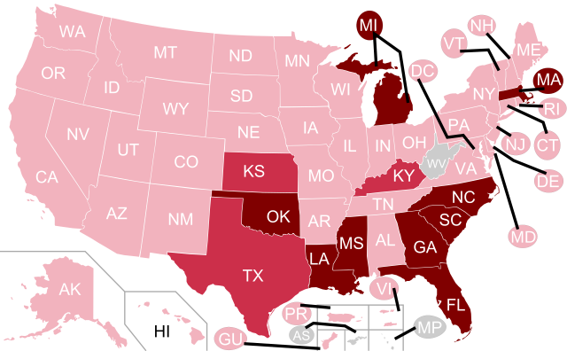 A map of the United States highlighting Alabama, Florida, Idaho, Kansas, Louisiana, Michigan, Mississippi, Missouri, North Carolina, Oklahoma, South Carolina, Texas, Utah and Virginia