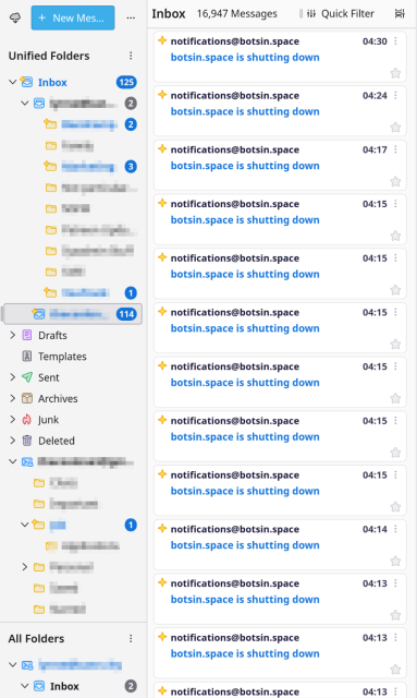 thunderbird showing an inbox with 125 unread emails. on the right, a list of email cards, reading "botsin.space is shutting down". the panel is filled top to bottom with these, and is cut off at the bottom, implying that there are many more.